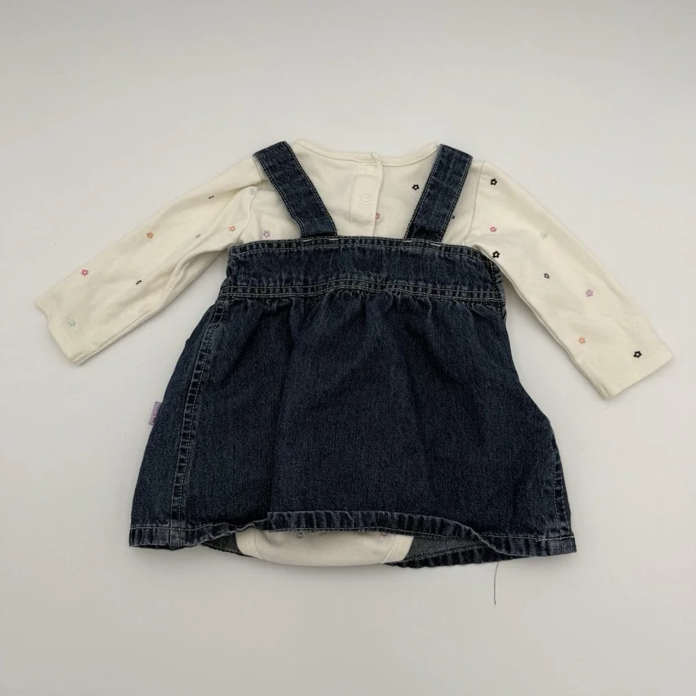 OshKosh Vestbak Denim Overall Dress Embroidered Sz 9 M Floral w/ Bodysuit‎